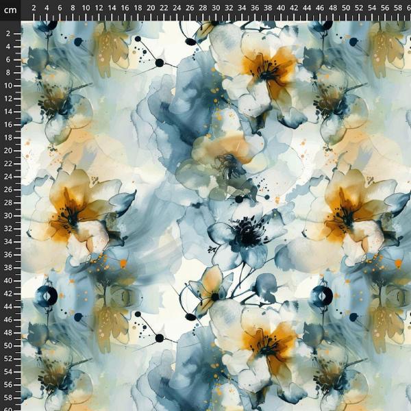 Viskosejersey Blüten in Blau/Erdtönen